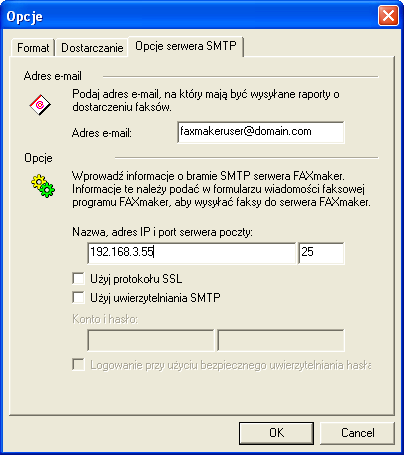 Zrzut ekranu 7 opcje serwera SMTP. Karta Opcje serwera SMTP Adres e-mail: Umożliwia podanie adresu e-mail, na który mają być wysyłane raporty o dostarczeniu wiadomości faksowych.
