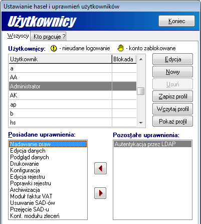 Po włączeniu w programie, w menu Opcje-> Opcje programu mechanizmu kontroli haseł użytkowników można ustalić: 1) częstotliwość zmiany hasła (dni/tygodnie/miesiące), 2) minimalną długość hasła (w