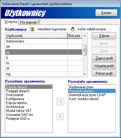 zarejestrowanych w programie. Za pomocą przycisku Nowy Administrator dodaje nowego użytkownika.