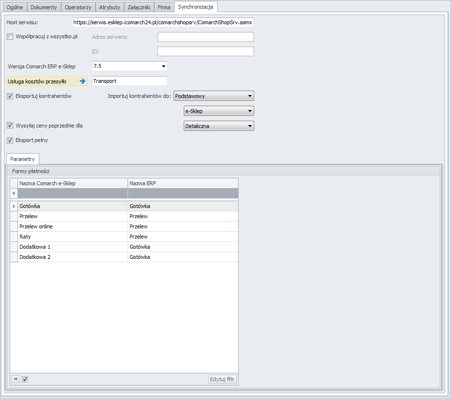 Rys. 7 Formularz centrum typu Comarch ERP e-sklep, zakładka Operatorzy Ponadto na zakładce Synchronizacja dostępna jest podzakładka Parametry.