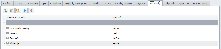 Na formularzu grupy artykułów, na zakładce: Atrybuty można dodać atrybuty, które następnie będą wykorzystywane w Comarch ERP e-sklep do przeszukiwania artykułów w danej kategorii na pluginie Filtr