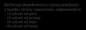 div padding-top: 10px; padding-bottom: 10px; padding-left: 10px; padding-right: 10px; div padding: 10px; Definiuje jednakowe dopełnienie o wielkości 10 pikseli Definiuje dopełnienie o różnej