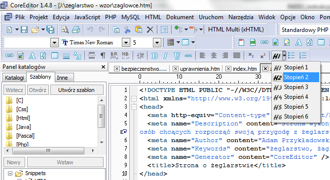 Plik zaglowce.htm 1. Otwórz program CoreEditor, a następnie z menu Plik utwórz Nowy i Dokument HTML. Zapisz dokument w folderze www folderu ProjectHTML pod nazwą zaglowce.