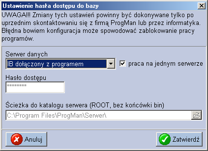 W oknie konfiguracji naleŝy wybrać "Konfiguracja serwera". Program wywoła okno Ustawienie hasła dostępu do bazy.