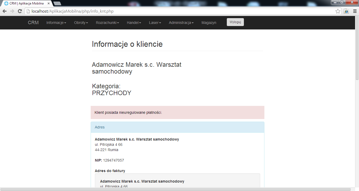 Rysunek 2 Informacje o kliencie w oknie przeglądarki www W programie znajduje się kilka obszarów, podzielonych pod względem funkcjonalności: 1.