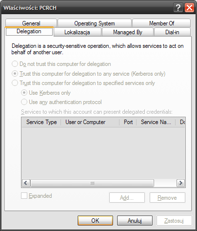 6. Ustawienie delegacji do protokołu Kerberos UWAGA: W sytuacji gdy baza źródłowa XL jest na innym serwerze niż hurtownia danych należy dla komputera z hurtownią dodać delegację do protokołu Kerberos.