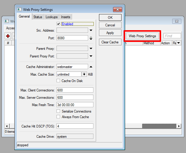 2) Następnie klikamy na przycisk Web Proxy Settings i w nowo otwartym oknie uzupełniamy: Enabled: zaznaczone (włączamy serwer proxy), Port: 8080