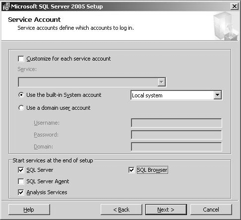 12. W oknie Service Account zaznaczyć należy opcję Use the built-in System account wybierając Local system oraz w opcji Start services at the end o setup zaznaczyć SQL Server,