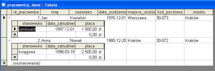 Przykłady relacji między tabelami Związek dwóch tabel jest możliwy dzięki występującemu w obu