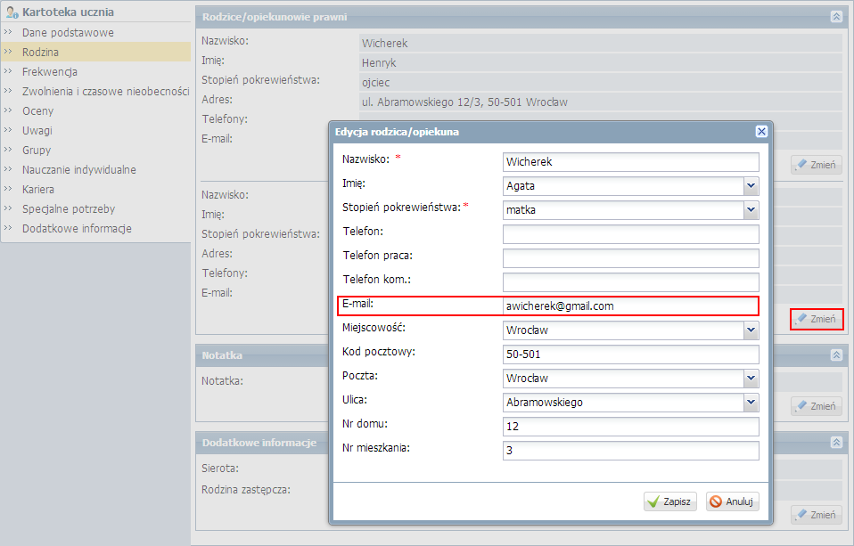 UONET+. Jak zdefiniować konto użytkownika systemu? 7/7 Na karcie Dane podstawowe w sekcji Dane adresowe kliknij przycisk Zmień w obszarze danych kontaktowych.