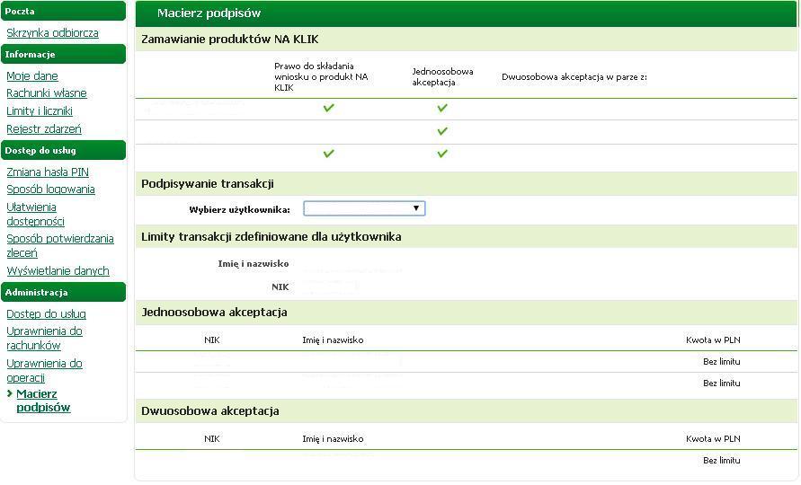 ZARZĄDZANIE UPRAWNIENIAMI (V) Macierz podpisów możliwy