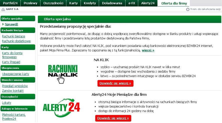 OFERTA DLA FIRMY (I) W ostatniej zakładce, OFERTA DLA FIRMY, znajdują się indywidualnie dopasowane oferty: opcja założenia rachunku bieżącego lub dodatkowego, opcja