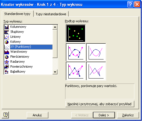 2 2) Kreator wykresów w Excelu posiada różne opcje wykresów, np.: kolumnowy, słupkowy, liniowy, itd.