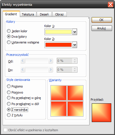 Rys. 1. Modyfikacja tła slajdu Gradient umożliwia mieszanie dwóch kolorów oraz oferuje efektowne style cieniowania.