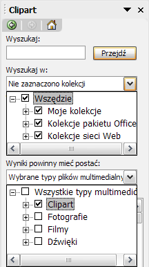 Microsoft PowerPoint posiada duży zbiór obrazków wektorowych, tzw. Clipartów (Wstaw / Obraz / Clipart). Po wybraniu niniejszej sekwencji po prawej stronie ekranu pojawia się panel Clipart.