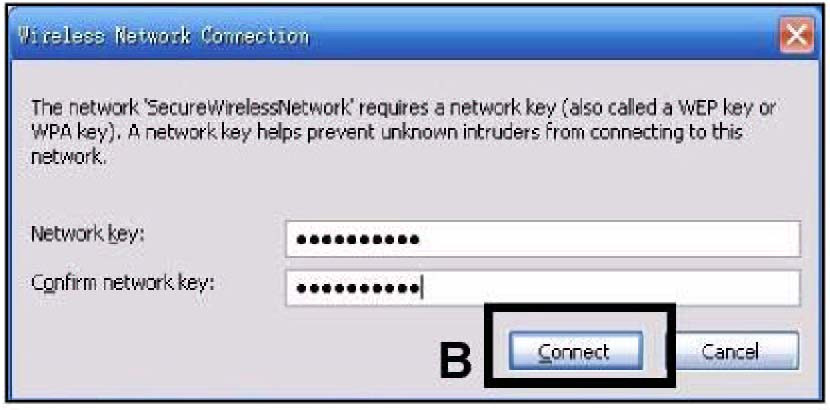 2 Wybrać nazwę SSID przypisaną routerowi NBG420N i kliknąć przycisk Połącz (A). Widoczna na rysunku nazwa SecureWirelessNetwork to przykładowy identyfikator SSID.