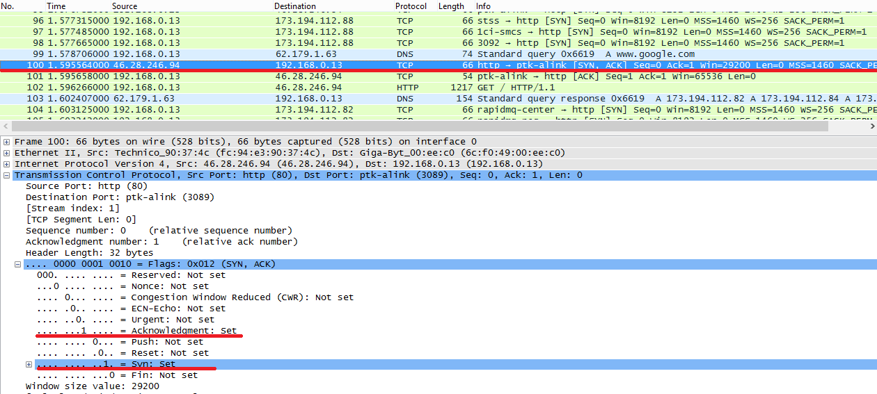 5. W Wireshark odszukaj pierwszą z trzech ramek Handshake. Możesz to zrobić na czuja w wierszu ten ramki w kolumnie Info będzie widniała flaga [SYN].