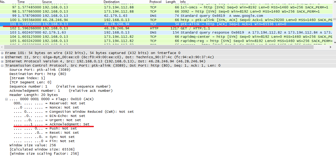 OK, jeszcze raz i mamy 3 etap handshake: Inne filtry: SYN packet from Clients: tcp[13]==02 SYN_ACK packets from