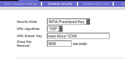 Następnie w zakładce Wireless Security należy ustawić tryb