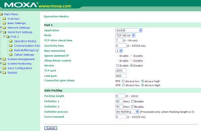 central server Ustawienia portu