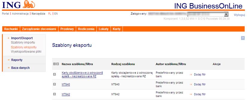 Konfiguracja systemów bankowych Strona 19 z 46 Eksport operacji w formacie MT942 Eksport operacji w formacie MT942 z systemu ING BusinessOnLine wykonuje się