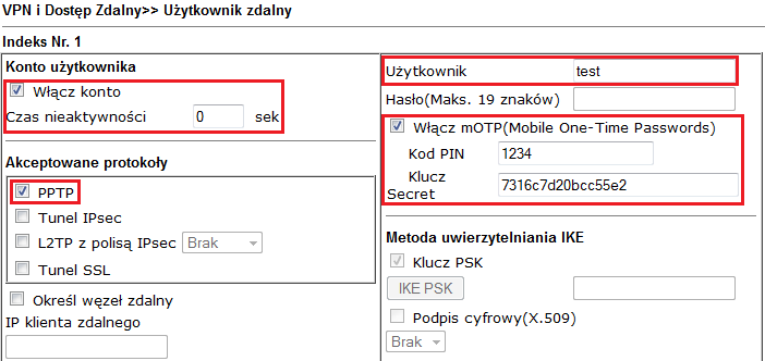 W kolejnym kroku przejdź do zakładki VPN i Dostęp Zdalny>>Połączenia Host-LAN. Stwórz odpowiednie konto do obsługi tunelu. Kliknij np. indeks 1 i wpisz odpowiednie dane.