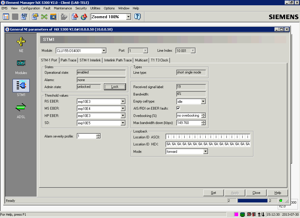 W kolejnym kroku należy uaktywnić port światłowodowy. W tym celu, z okna Equipment View, należy wybrać kartę CLU. Otworzy się okno General NE parameters.