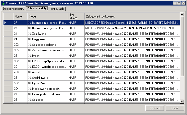 4.1 Zakładka Dostępne moduły Zakładka przedstawia listę dostępnych modułów pochodzących z podłączonego klucza HASP, plików SoftHASP, bądź z licencji aktywowanych w Comarch.
