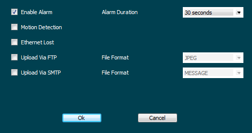 7. Konfiguracja wykrywania ruchu Aby skonfigurować alarm, po zalogowaniu do naszej kamery klikamy pozycje Alarm (16). W celu uruchomienia alarmu zaznaczamy opcję Enable Alarm.
