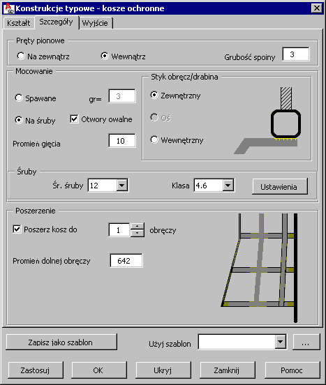 AutoCAD Structural Detailing - Stal - Podręcznik użytkownika strona: 249 Typ 2 Typ 3 Po zdefiniowaniu parametrów kształtu kosza ochronnego i przejściu na zakładkę Szczegóły na ekranie pojawia się