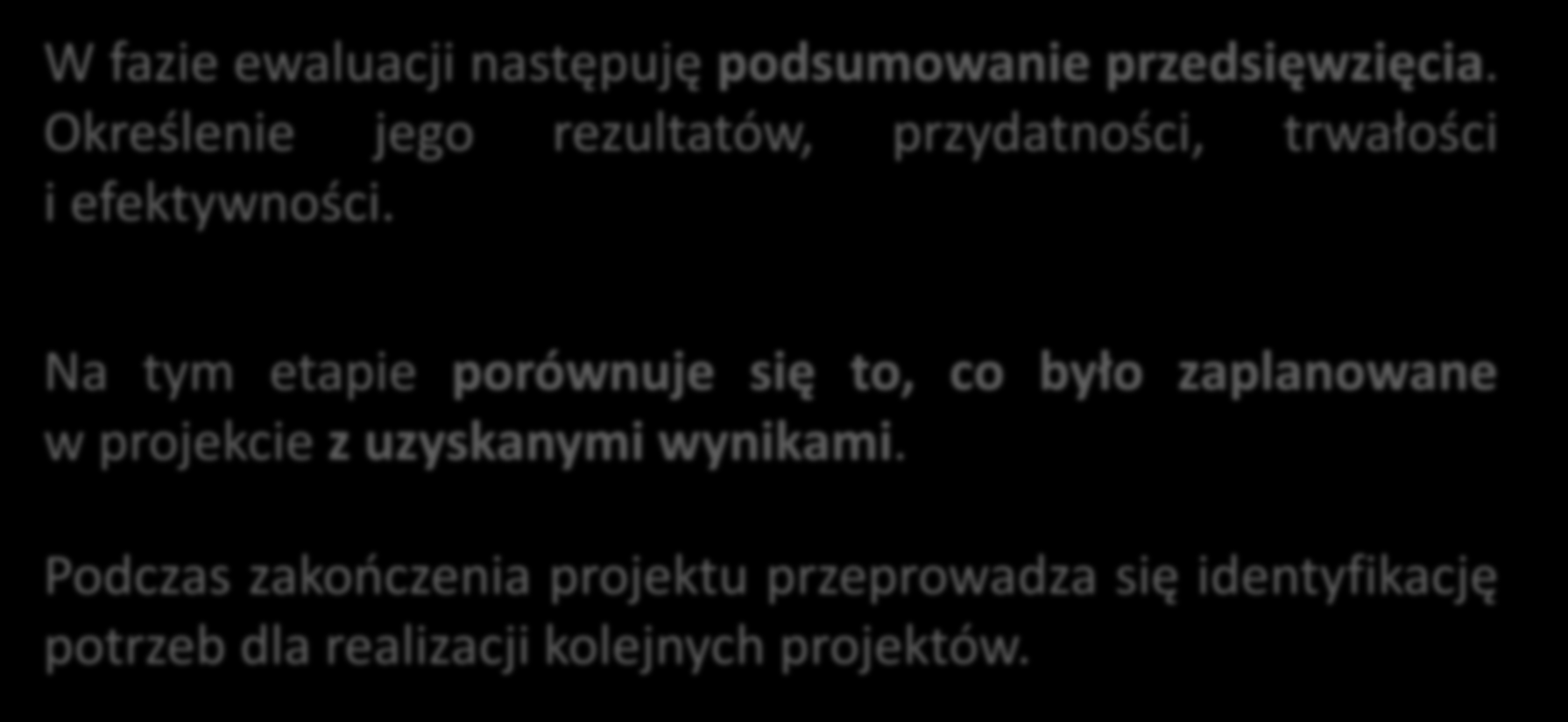 Metodyka PCM <<<<<<<<<<<<<<<<<<<<<<<<< >>>>>>>>>>>>>>>>>>>>>>>>> cykl projektu 6. FAZA EWALUACJI W fazie ewaluacji następuję podsumowanie przedsięwzięcia.