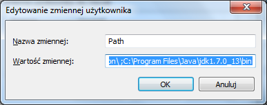 Uwaga: aby pod Windows możliwe było stosowanie komend JDK trzeba do zmiennej