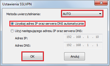 Wypełnij dane dotyczące Ustawień SSL VPN: w polu Metoda