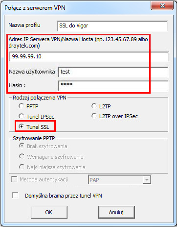 W tym celu: kliknij przycisk Wstaw pojawi się nowe okno w polu Nazwa profilu wpisz dowolną nazwę dla połączeni np.