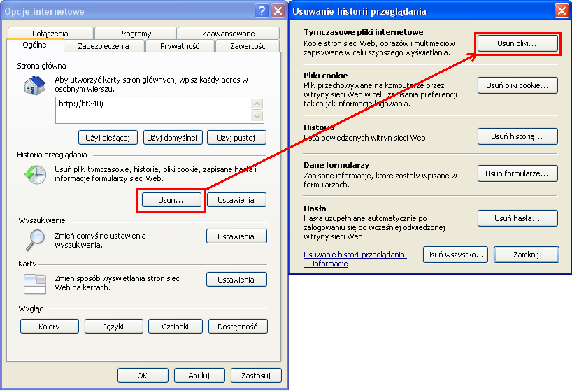3. Ustawienia dla Internet Explorer b) Na tej samej zakładce Opcji internetowych (sekcja Historia przeglądania) uruchamiamy przycisk Usuń i następnie