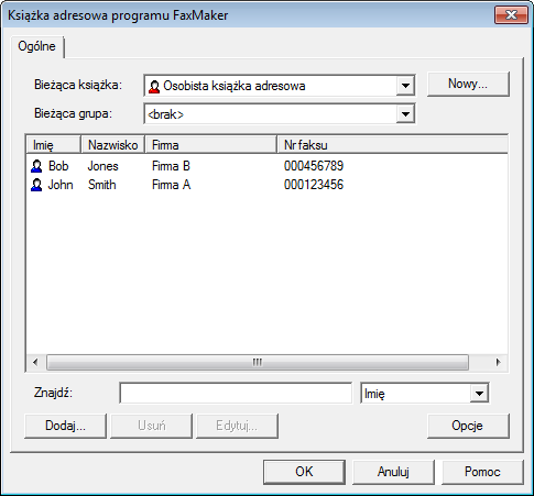 Screenshot 13: Książka adresowa programu GFI FaxMaker Książka adresowa programu GFI FaxMaker zawiera następujące elementy: Książki adresowe służą do przechowywania kontaktów i grup.