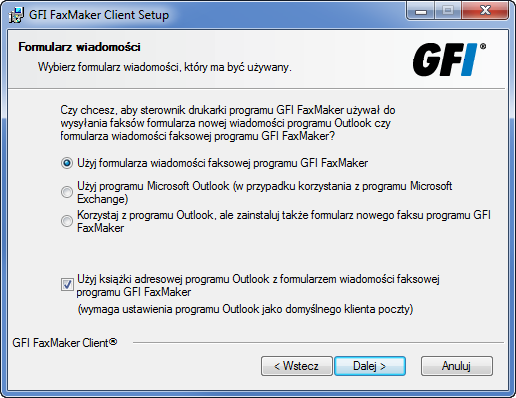 Screenshot 2: Wybieranie formularza wiadomości 4. Wybierz rodzaj formularza wiadomości, który ma zostać zainstalowany, a następnie kliknij przycisk Dalej.