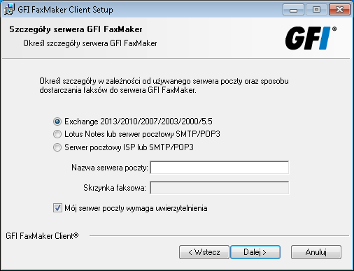 Screenshot 4: Określanie serwera poczty 6. Jeśli połączenie z programem GFI FaxMaker jest nawiązywane przez pocztę e-mail, skonfiguruj dane szczegółowe serwera poczty.