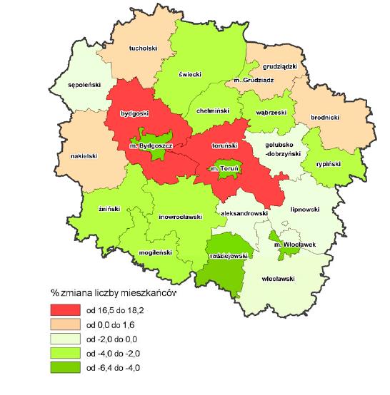 Co ciekawe, liczba ludności w omawianej grupie wiekowej w Bydgoszczy i Toruniu spada jeszcze szybciej niż w całym obszarze funkcjonalnym (spadek odpowiednio o 31% i 22%).
