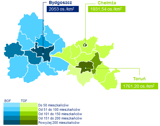 Mapa 3 Gęstość zaludnienia w Bydgosko-Toruńskim Obszarze Funkcjonalnym w 2012 r. Źródło: Bank Danych Lokalnych, dostęp 23.04.
