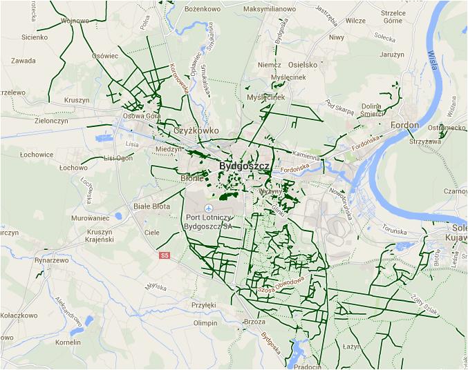Lokalizację ścieżek rowerowych w Bydgoszczy przedstawia poniższa mapa. Mapa 7 Ścieżki rowerowe w Bydgoszczy i okolicach Źródło: https://maps.google.pl/maps/myplaces?hl=pl&ll=53.1210 23,18.