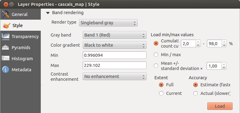 Figure 13.3: Raster Renderer - Paletted Singleband gray This renderer allows you to render a single band layer with a Color gradient: Black to white or White to black.