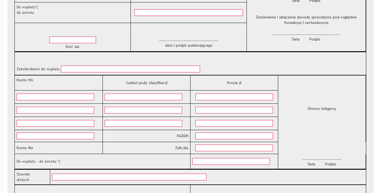 3. Kasa Zaliczki Rozliczenie zaliczki pobranej cz. 2. 1. Tu wpisz kwotę do wypłaty lub zwrotu, a poniżej ilość załączników. 2. Tu wpisz kwotę zatwierdzoną do wypłaty.