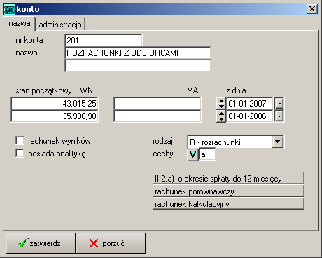 1.2.2 Opis podstawowy nr konta nazwa stan WN MA z dnia początkowy Rysunek 1.2: Plan kont numer zakładanego konta, konto syntetyczne o numerach trzy- do sześciocyfrowych np.