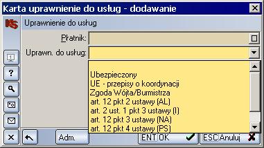 W tym miejscu budowany jest słownik uprawnień pacjenta, które będą wykorzystywane w ramach danej hospitalizacji. Dodajemy uprawnienie [F2]Dodaj 3. Na karcie zlecenia, w polu Upr. FO.