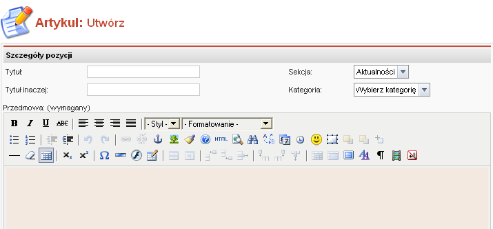 2. Edycja Aktualności Kliknij: Artykuły Aktualności Artykuły: Aktualności Aby utworzyd nowy artykuł kliknij Utwórz. Edycja odbywa się analogicznie do MS Office Word itp.