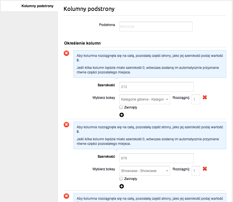 Rys. 49 Edycja układu podstron - kolumny 4.1. Boksy Boksy, tak jak opisaliśmy powyżej, to kontenery z różnymi informacjami.