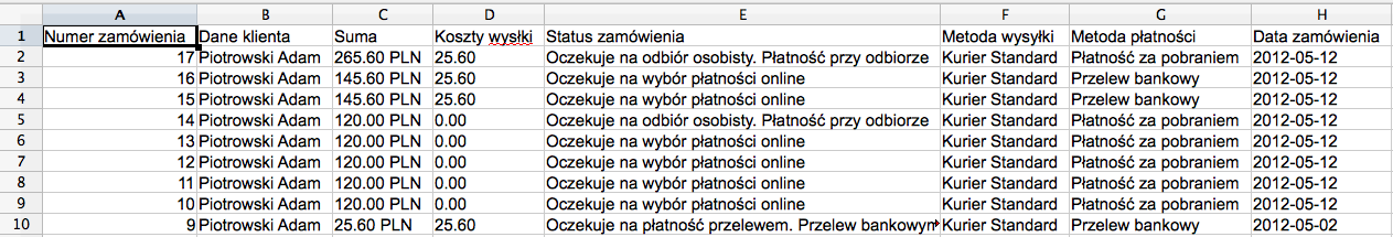 Dane na temat zamówień możemy swobodnie eksportować do arkusza Excel i tam przeprowadzać dokładne analizy sprzedaży sklepu. Rys.