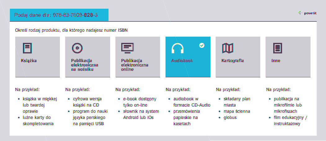 Wydawca może również w późniejszym terminie uzupełnić dane publikacji, zmienić datę upublicznienia opisu i pobrać kody kreskowy i QR. Kolejny przykład to nadanie numeru ISBN audiobookowi na płycie CD.