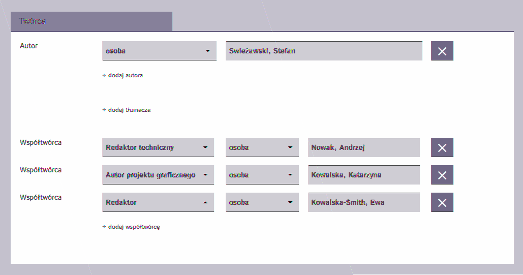 Opis bibliograficzny W kolejnym bloku wydawca uzupełnia dane bibliograficzne wydawanej pozycji W przypadku książki formularz składa się z kilku bloków, które dotyczą: tytułu, w tym tytułów